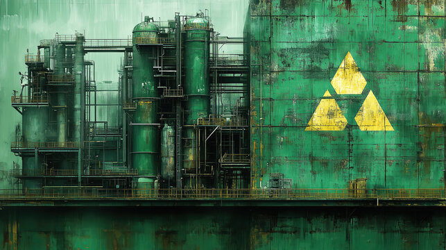 Industrial facility with green weathered walls and a bold yellow triangle symbol