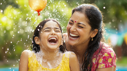 happy indian mother and daughter playing with water balloons