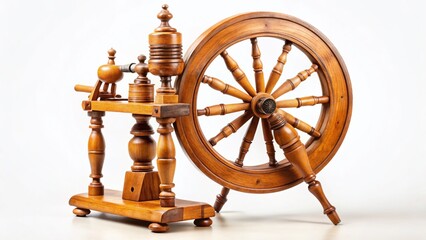 Vintage Wooden Spinning Wheel on White Background - Rustic Craft Tool Stock Photo