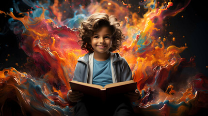 Child Reads a Book Amidst a Colorful, Abstract Paint Explosion Background, Imaginative and Vibrant.
