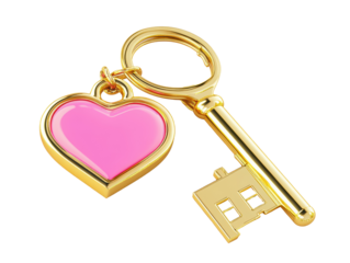 Isolated Golden Key with Heart Charm