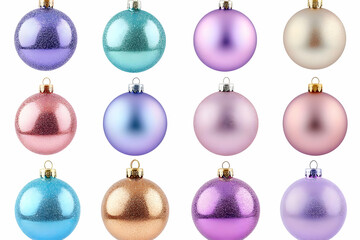 Twelve Colorful Christmas Ornaments Hanging Beautifully on a White Background