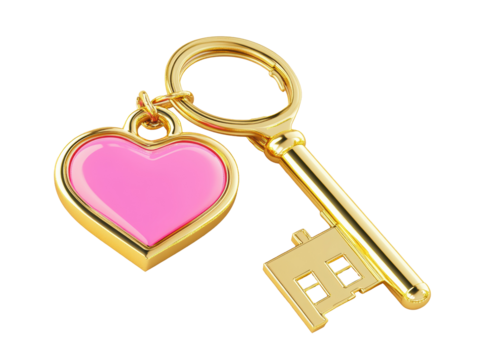 Isolated Golden Key with Heart Charm