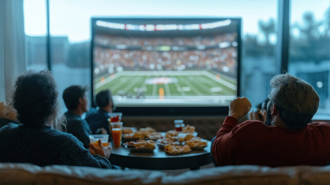 Friends gather in living room for Super Bowl watch party. Sit on couch, enjoy snacks, drinks. Cheer excitedly as watch game on large TV. Home entertainment, sports fans enjoy event. Casual party