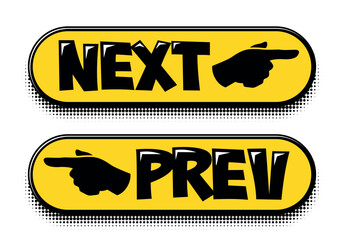 Next and Previous button icons. Web push buttons prev and next with index finger in comic style. Vector cartoon illustration on transparent background © Kiselov