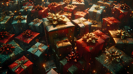 Numerous Wrapped Gift Boxes Sparkle with Festive Cheer, a Stunning Holiday Scene.