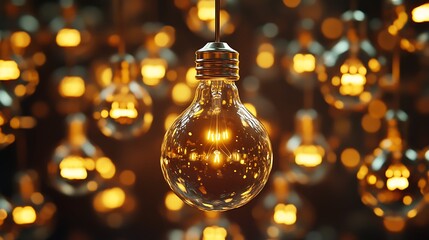 Softly lit glowing bulb hanging surrounded by unlit bulbs on a smooth reflective background