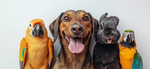 Obraz premium Joyful Companions: A Smiling Dog with Colorful Parrots and a Cute Rabbit, Showcasing the Bond Between Different Pets and Their Playful Characters