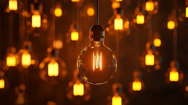 Softly lit glowing bulb hanging surrounded by unlit bulbs on a smooth reflective background