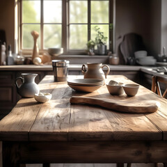 Rustic Kitchen with a Wooden Kitchen Table - Generative AI