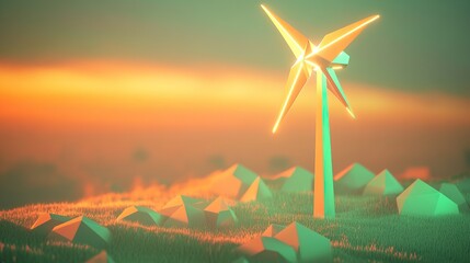 A towering geometric windmill with glowing triangular blades spinning slowly