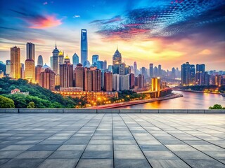 Fototapeta premium Chongqing Skyline Cityscape View from Empty Brick Pavement