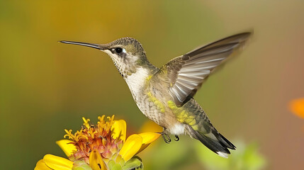 Fototapeta premium Hummingbird hovers delicately near a vibrant yellow flower, wings blurred in motion with a colorful backdrop.