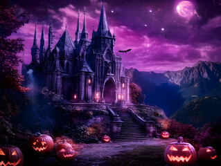 Fototapeta premium Gothic Castle Stands on Hilltop Under Purple Night Sky with Jack-o'-lanterns