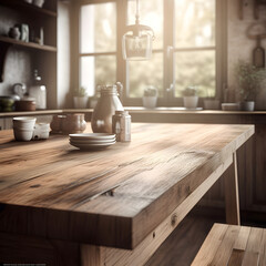 Rustic Kitchen with a Wooden Kitchen Table - Generative AI