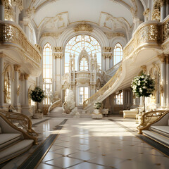 Opulent Palace Interior Showcases Grand Staircase and Ornate Details with Elegant Decor and Soft Lighting.