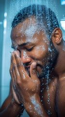 Man washes his face in the shower with soap and water thoughtfully.