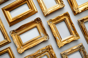 Golden Ornate Frames Arranged Artistically on a White Background Showcasing Elegance and Style.
