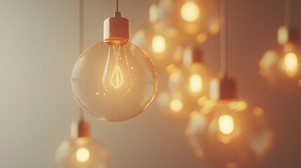 Bright glowing bulb softly illuminating unlit bulbs below on a neutral matte surface