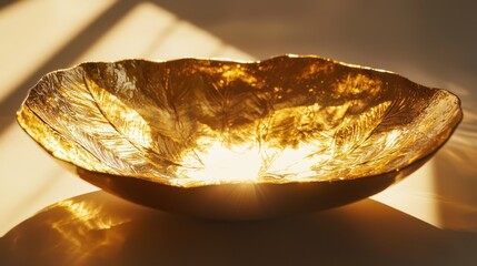 A decorative item with gold leaf accents shining under soft light