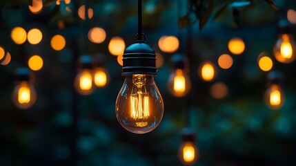 Hanging bulb glowing in soft warm light surrounded by scattered unlit bulbs on a dark background