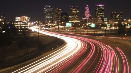 Obraz premium Urban Luminescence: Long-Exposure Traffic Streaks Among Glowing High-Rises Cinematic Image