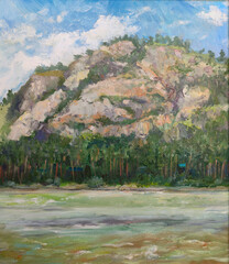 Altai mountain near the river, oil painting