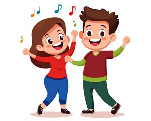 Happy Cartoon Children Dancing Joyfully with Music Notes Around Them