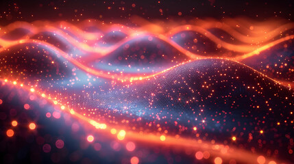 Obraz premium Abstract Background with Red and Blue Wavy Lines and Sparkling Particles Dynamically Moving