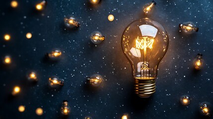 Single light bulb glowing above scattered unlit bulbs on a sleek neutral background