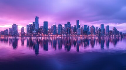 Fototapeta premium Electric Dreams: Futuristic Downtown Skyline Glowing in Vibrant Blues and Purples, Reflecting on Shiny Wet Streets - Ultra-Detailed Cinematic Image