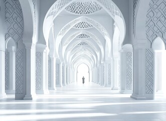Fototapeta premium A long, white corridor with Islamic geometric patterns on the walls, featuring arches and pillars in a perspective view. A person is walking through it, creating an atmosphere of tranquility and spiri