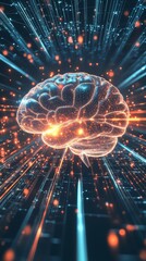 AGI intelligence potential, abstract brain and light trails, modern technology theme, copy space, 3D illustration