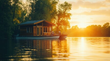 Fototapeta premium A tranquil lake house at sunset, surrounded by nature's beauty.