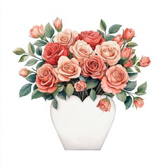 A beautiful bouquet of roses in soft pink and peach hues, elegantly arranged in a white vase, perfect for decoration or as a gift.