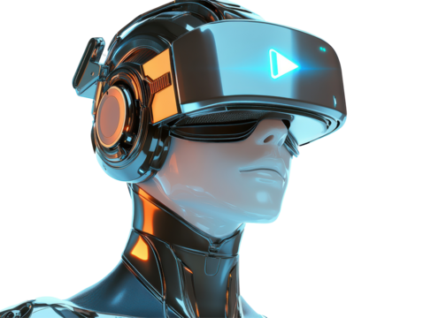 Isolated Man in Futuristic VR Helmet