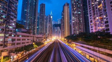 Obraz premium Urban Nightlife: Glowing Apartment Towers and Elevated Subway Line in Cinematic Cityscape with Detailed Lights