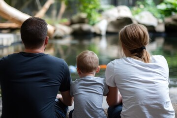 Naklejka premium A family sits beside a peaceful water feature, enjoying the tranquil environment together and fostering connections that create lasting memories of exploration and joy.