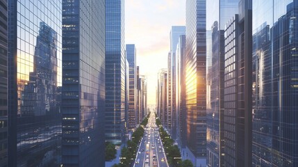 Obraz premium Urban Metropolis - Dynamic Cityscape with Glistening Traffic, Cinematic Urban Canyon of Tall Buildings, Ultra-Detailed City Life Experience