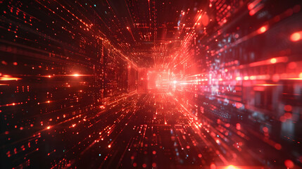 Obraz premium Abstract 3D Red Data Tunnel with Light Streaks and Particles Flowing Dynamically