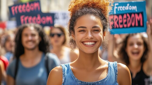 Smiling young woman at freedom rally on sunny day