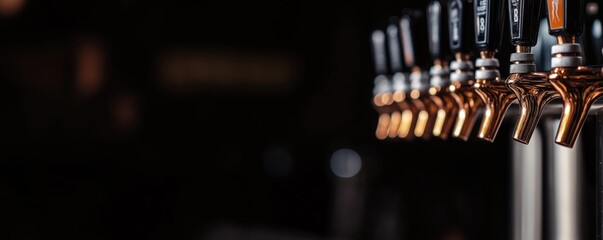 Many shiny copper beer taps lined up in bar. Indoor shot focuses on details of craft beer equipment. Selection of drinks available. Stylish, modern bar scene. Bar counter with dark background.