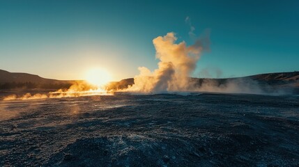 Fototapeta premium A dramatic geyser eruption against a clear blue sky in a national park