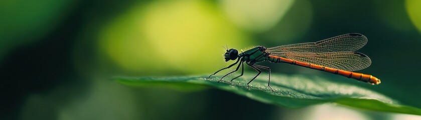 Fototapeta premium A vibrant dragonfly perched delicately on a green leaf.