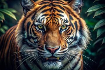 Obraz premium Close-Up Aggressive Wild Tiger Face, Low Light Photography, Wildlife Portrait