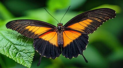 Fototapeta premium Black and Orange Butterfly on Green Leaf