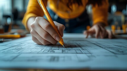 Architect or engineer working on building blueprint contractor designing and drawing blueprint layout with tool for construction project.