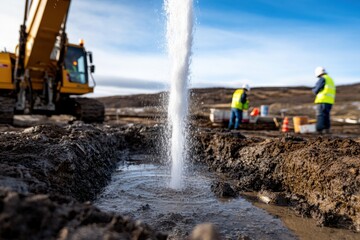 Fototapeta premium A strong stream of water gushes from a pipe in a construction site, highlighting the intersection of human work with natural elements and the complexity of urban projects.