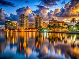 Fototapeta premium West Palm Beach Night Photography: Illuminated Cityscape at Dusk