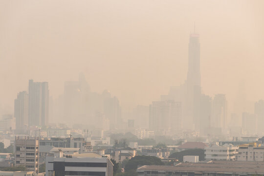 Red or yellow dust pm 2.5 warnings in Thailand, the air pollution from burning agricultural products or various industries affects respiratory.